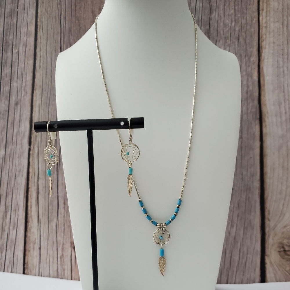 Sterling Silver 925 Turquoise Dream Catcher Feather Pendant Necklace & Earrings